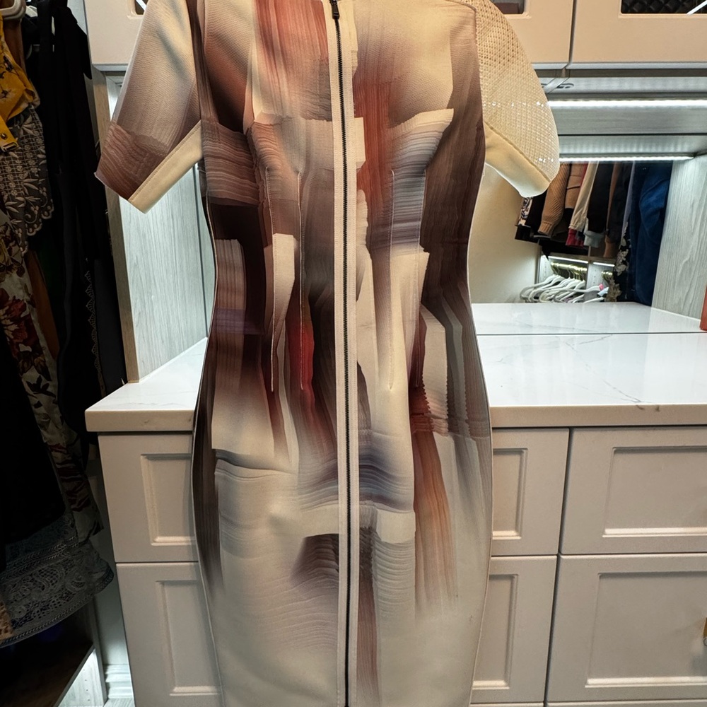 Elie Tahari Cream, Brown and Auburn Abstract Midi Dress. Size XS. - Picture 9 of 9